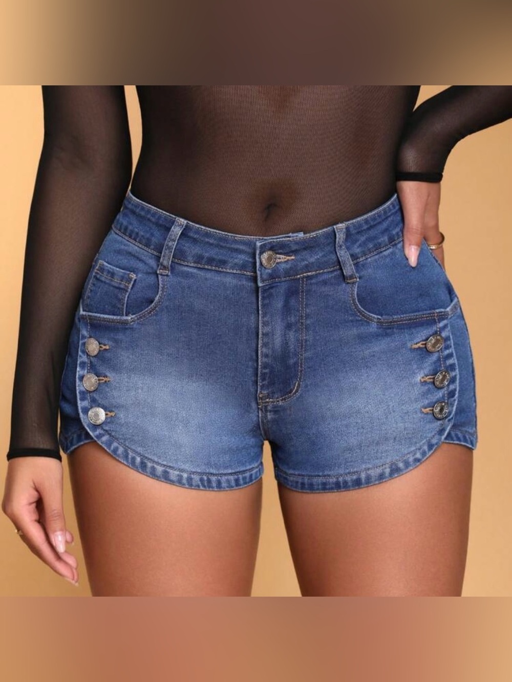Mid Rise Jean Shorts with Sailor Style Buttons on Pockets/Side